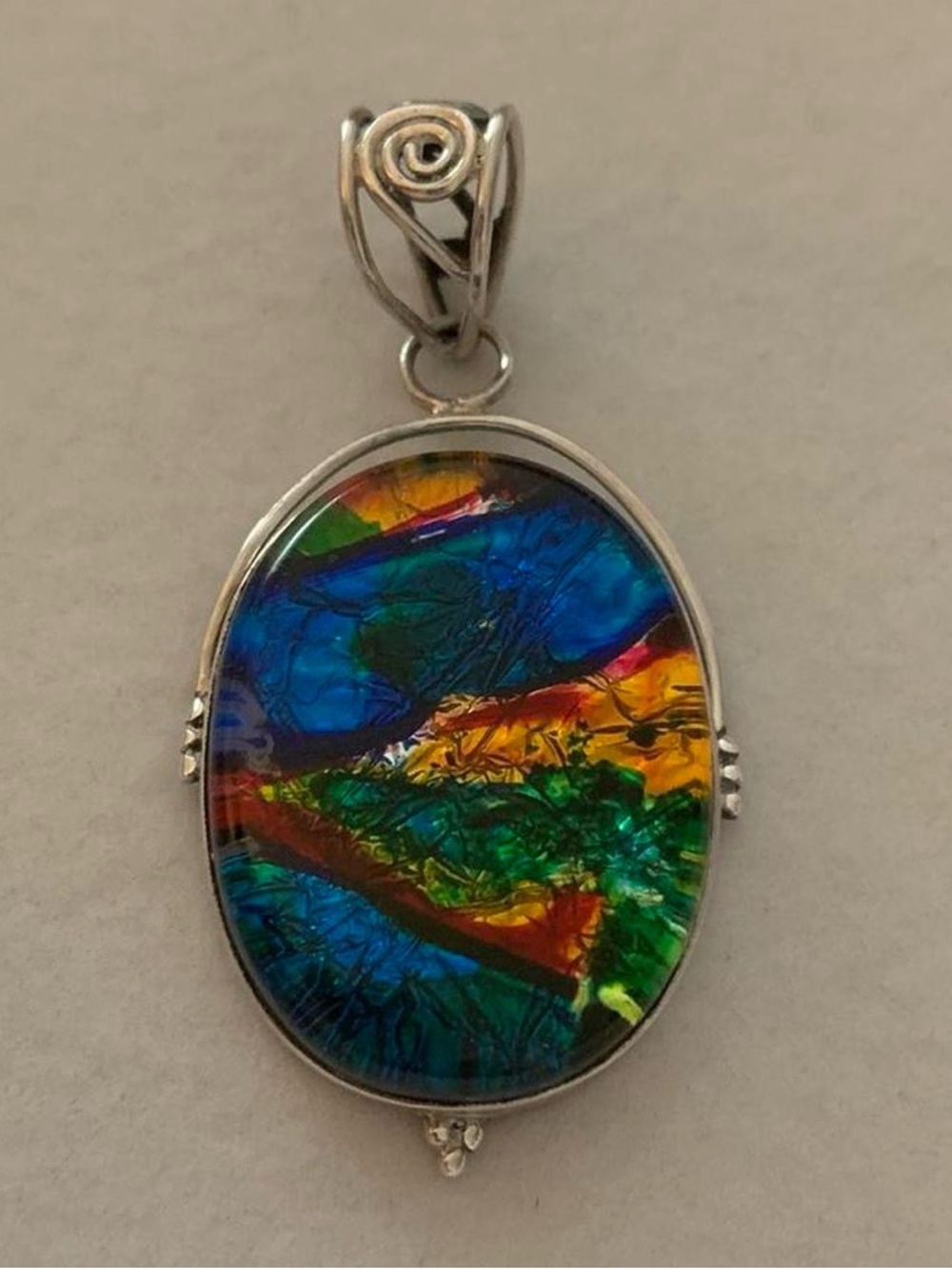 Vintage Ammolite 925 Sterling Silver Colourful Oval Statement 2.25” Pendant